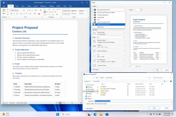 Microsoft Word shows a project proposal being printed to PDF and saved as “Contoso Project Proposal.pdf.”