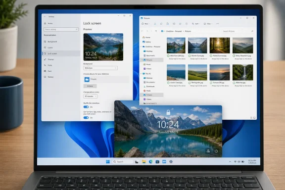 Windows laptop displaying lock screen slideshow settings and scenic mountain lake photos.