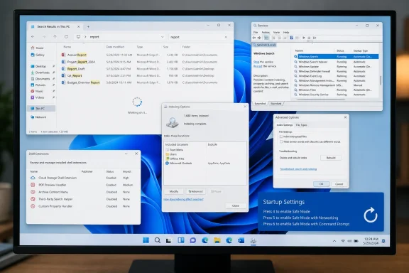 Windows 11 desktop showing search indexing, services, shell extensions, and startup settings windows.