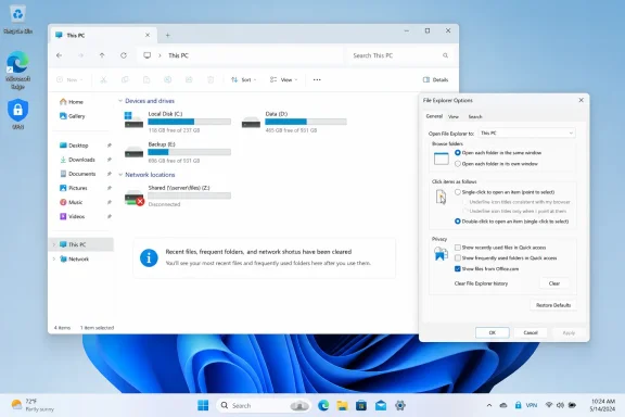 Windows 11 File Explorer shows local drives and a disconnected network location beside File Explorer Options.
