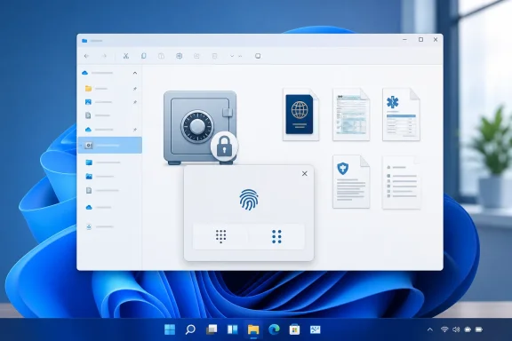 Windows file manager displays a secure vault with fingerprint, keypad, and protected documents.