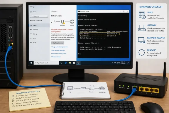 Computer shows an Ethernet invalid IP configuration with a 169.254 address and router troubleshooting checklist.