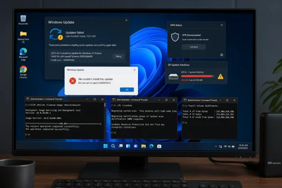 Windows 11 displays a failed update, disconnected VPN, low EFI partition space, and repair command windows.