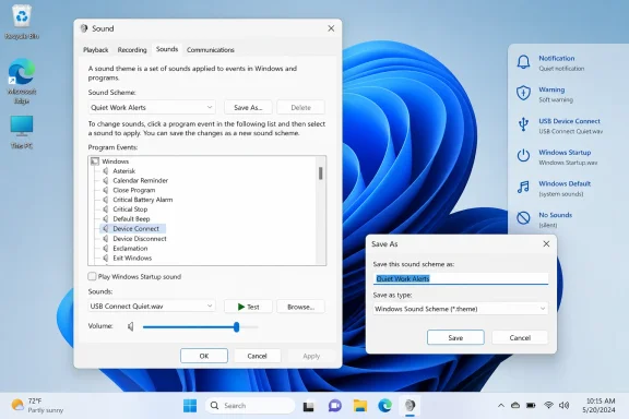 Windows 11 Sound settings show a “Quiet Work Alerts” scheme being saved.