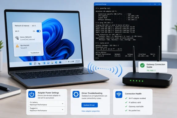 A Windows laptop shows Wi‑Fi troubleshooting screens beside a router with a stable gateway connection.