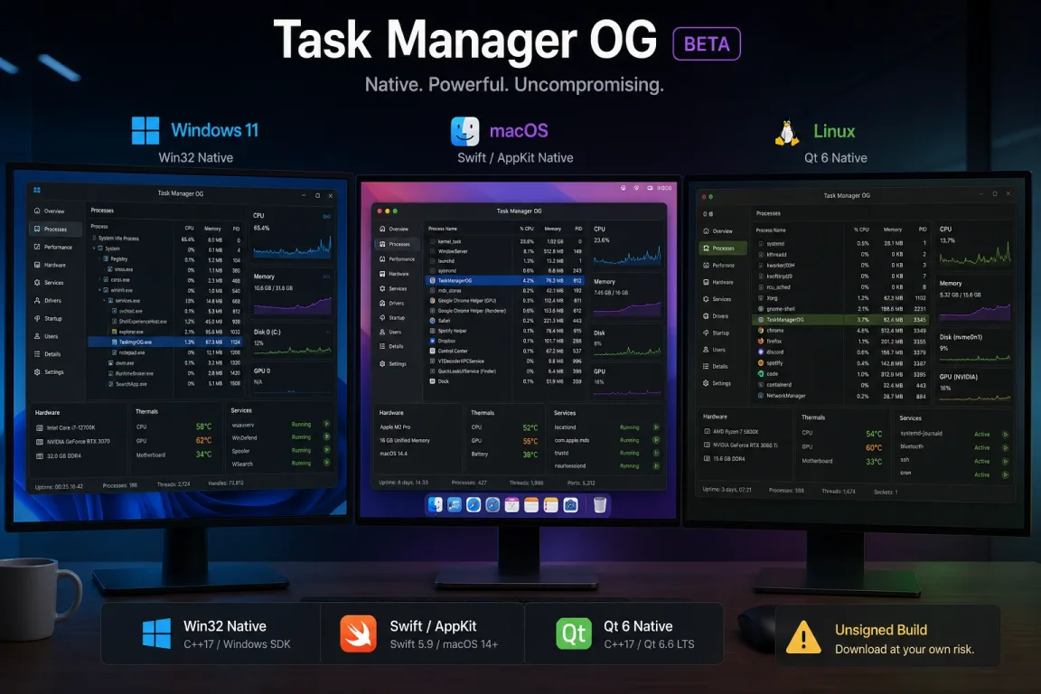 Task Manager OG Beta Launches Unsigned on Windows, Mac, Linux