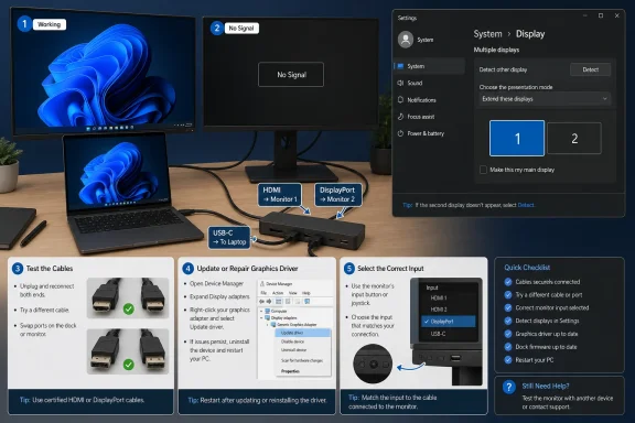 Troubleshooting guide for a laptop dock with one working monitor and a second showing “No Signal.”