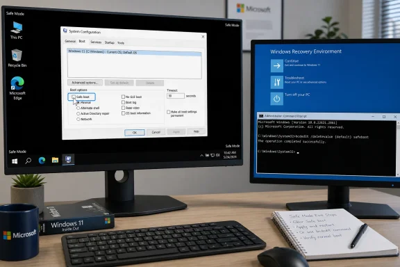 Dual monitors show Windows 11 Safe Mode settings, recovery options, and a command prompt for disabling Safe Mode.