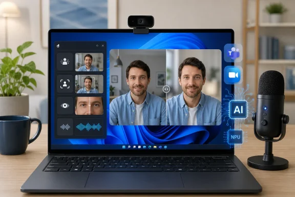 Laptop displays AI-enhanced video conferencing, with a webcam and microphone beside it.