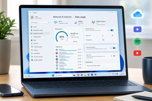 Laptop displays Windows network data usage settings, showing 85% of a 10 GB monthly limit used.