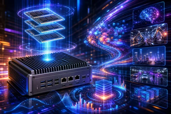 Futuristic edge-computing device with stacked memory, AI graphics, robotics, smart cities, and glowing data streams. Futuristic edge-computing device with stacked memory, AI graphics, robotics, smart cities, and glowing data streams.