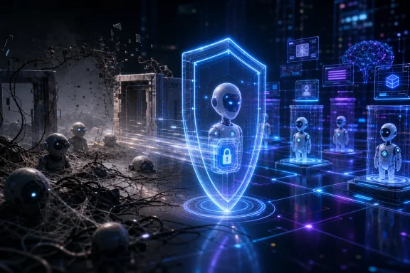 Futuristic robots contrast a dark wired wasteland with a glowing cybersecurity shield and digital lab. Futuristic robots contrast a dark wired wasteland with a glowing cybersecurity shield and digital lab.
