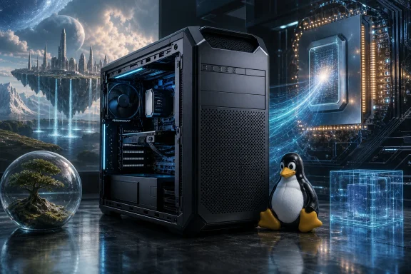 A futuristic computer tower sits beside Tux, with a sci-fi cityscape and glowing technology backdrop. A futuristic computer tower sits beside Tux, with a sci-fi cityscape and glowing technology backdrop.