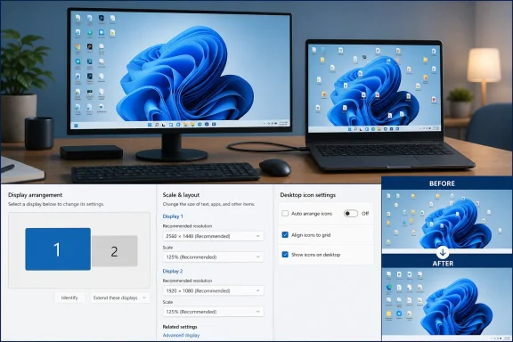 A Windows 11 dual-monitor desk setup displays matching desktops and display arrangement settings.