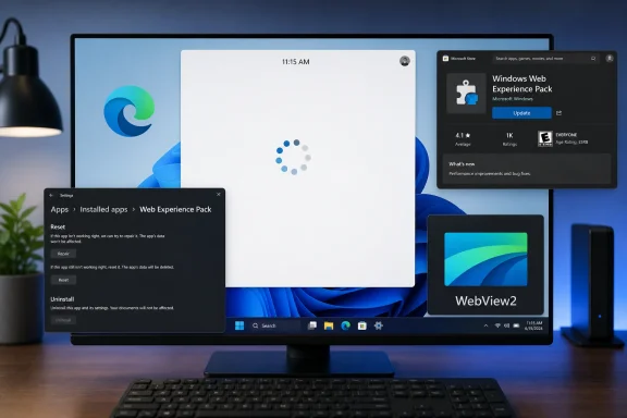 Windows desktop displays Web Experience Pack update, settings, and WebView2 windows.