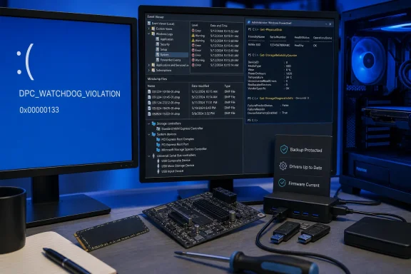 A computer repair desk shows a DPC watchdog BSOD, diagnostic logs, and NVMe hardware.