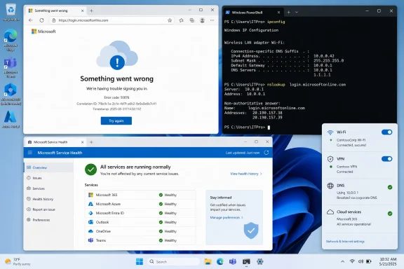 Windows desktop shows a Microsoft login error, healthy service status, PowerShell DNS results, and connected VPN/Wi‑Fi.