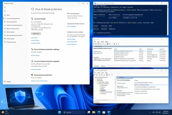 Windows 11 displays Microsoft Defender protection status alongside PowerShell, Services, and Group Policy settings.