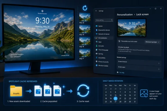 Windows lock screen personalization shows a mountain lake wallpaper, Spotlight cache refresh, and daily image rotation.