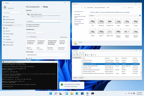 Windows desktop showing font settings, Services, a command prompt, and a notification that font cache is running.