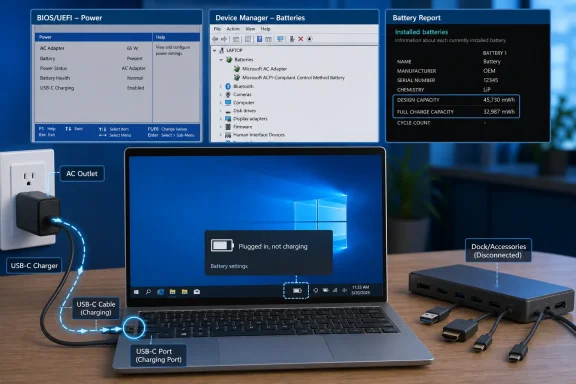 Laptop plugged into USB-C power but not charging, with battery diagnostics and disconnected dock shown.