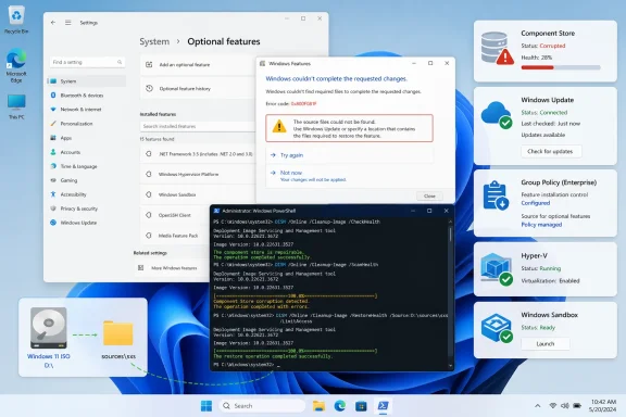 Windows 11 shows a failed optional-feature installation, corrupted component store, and DISM repair using ISO source files.
