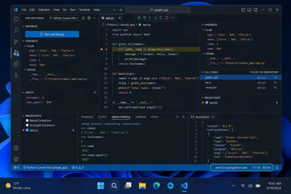 Visual Studio Code shows a Python script paused at a breakpoint while debugging a greeting function.