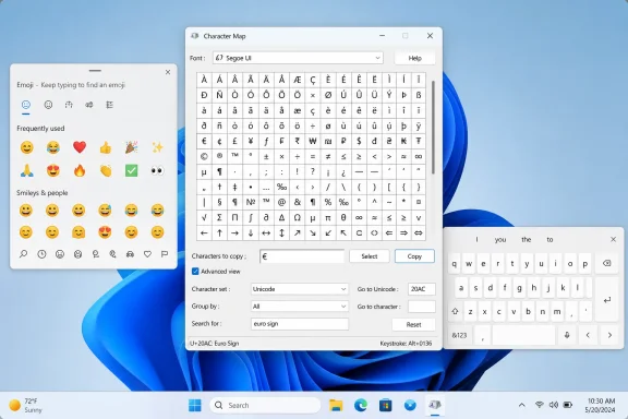 Windows desktop showing Character Map, emoji picker, and on-screen keyboard.
