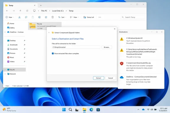Windows 11 File Explorer shows a ZIP extraction dialog alongside warnings about permissions, path length, and blocked files.