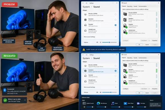 Windows sound troubleshooting graphic showing incorrect headset output changed to desktop speakers, resolving the audio issue.