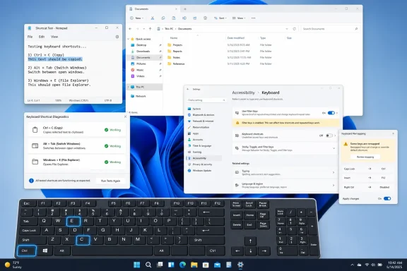 Windows 11 desktop showing keyboard shortcut diagnostics, Settings, File Explorer, Notepad, and a remapping panel.