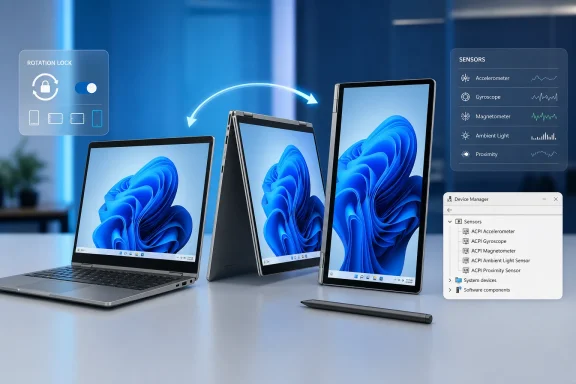 A convertible Windows laptop and tablets illustrate rotation lock and built-in sensor capabilities.