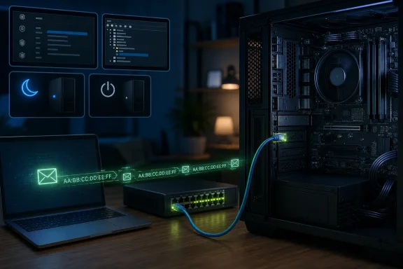 Open desktop PC connected to a network switch, with laptop and glowing data transfer graphics.