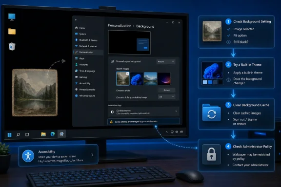 Windows desktop shows background settings and a four-step guide for fixing a black wallpaper.