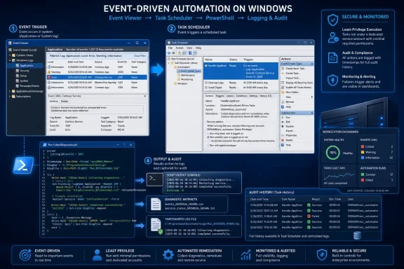 Infographic showing Windows event-driven automation from Event Viewer to Task Scheduler, PowerShell, and audited logging.