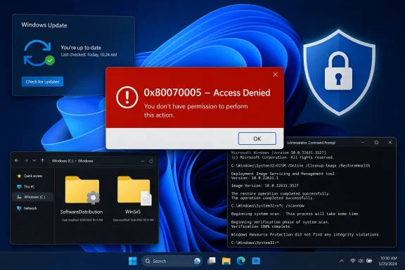 Windows 11 desktop displaying an “Access Denied” error, Windows Update, File Explorer, and Administrator Command Prompt.