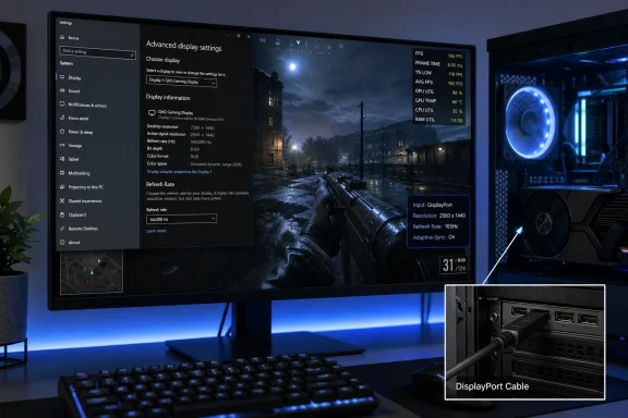 Gaming monitor displays a rainy first-person shooter, with 1440p/165Hz settings and a DisplayPort cable highlighted.