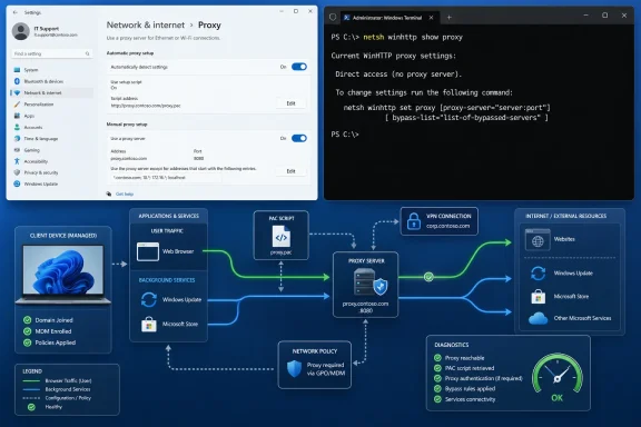 Windows proxy settings and terminal output illustrate browser and service traffic routed through a corporate proxy.