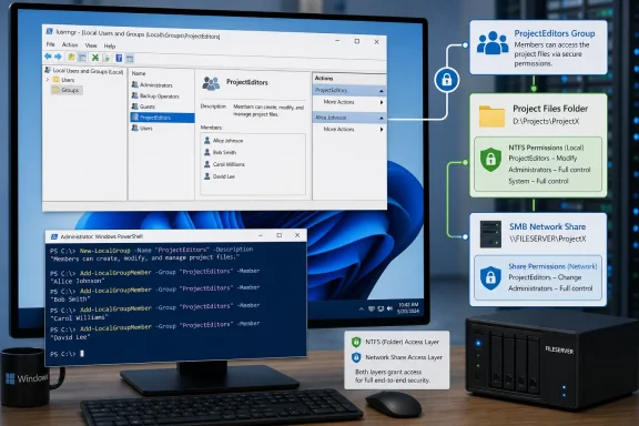 Windows shows ProjectEditors group setup with NTFS and SMB permissions for shared project files.