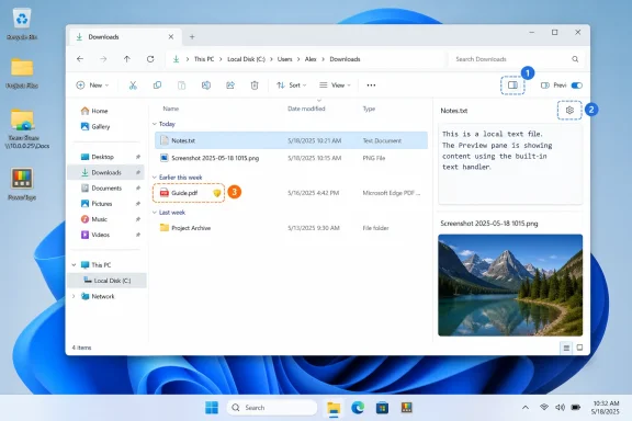 Windows File Explorer shows the Downloads folder with a text preview and mountain landscape image.