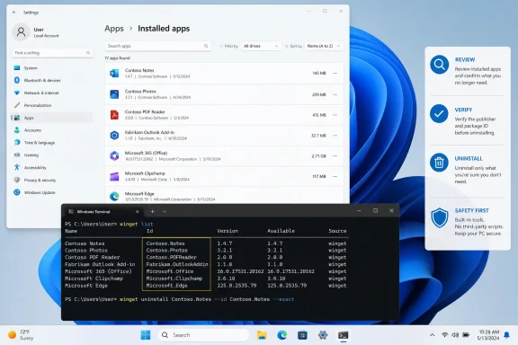 Windows 11 shows installed apps in Settings alongside a Terminal window using winget to uninstall Contoso Notes.