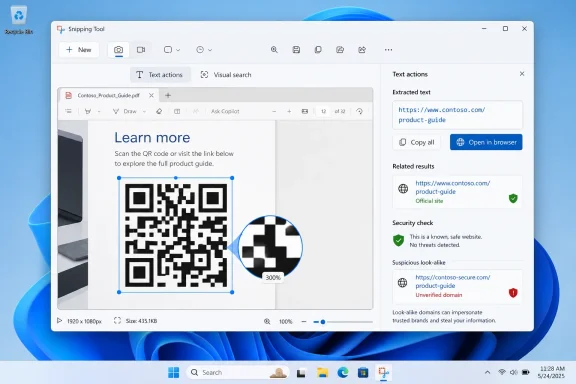 Windows Snipping Tool displays a QR code linking to Contoso’s product guide alongside security results.