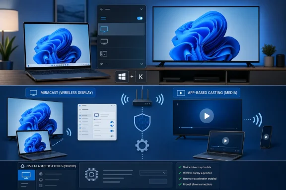 Infographic showing Windows wireless display, Miracast, and app-based casting across multiple devices.
