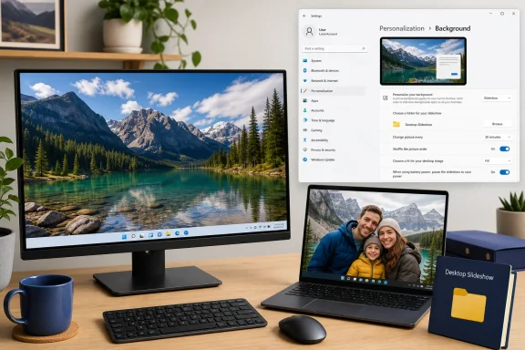 Desktop setup showing Windows background slideshow settings, a mountain lake wallpaper, and family photo.