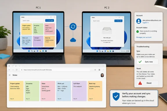Microsoft Notes sync demonstration showing notes shared between two PCs, cloud backup, and account troubleshooting options.