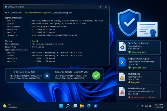 PowerShell verifies SecureApp.exe’s valid signature, contrasting with unsigned and altered files.