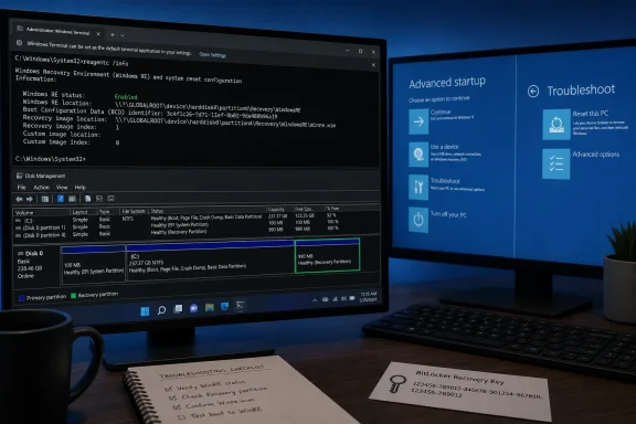 A Windows troubleshooting desk displays WinRE status, disk partitions, advanced startup options, and recovery notes.