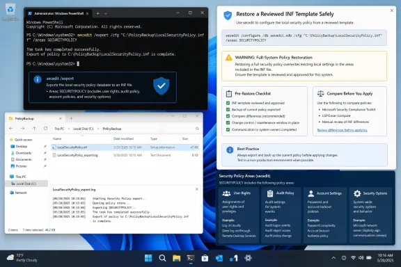 Windows desktop shows a successful security policy export, backup files, and safe restoration instructions.