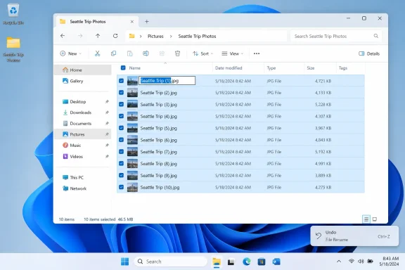 Windows File Explorer shows ten selected Seattle trip photos, with the first filename being renamed.