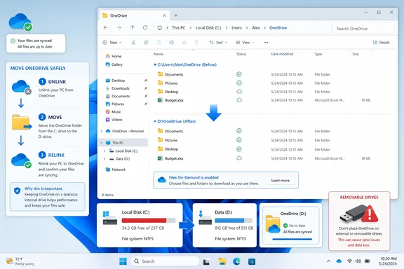 Illustration showing OneDrive safely moved from the C: drive to D: with syncing enabled.